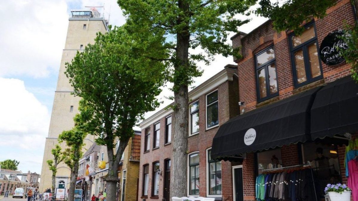 Street view with a tall tower, trees, and brick buildings on a sunny day.