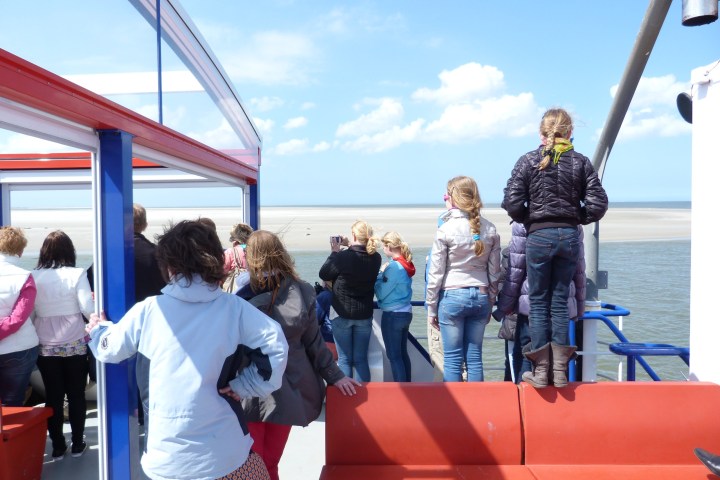 People standing on a boat deck, gazing at the sea and distant sandy shore.