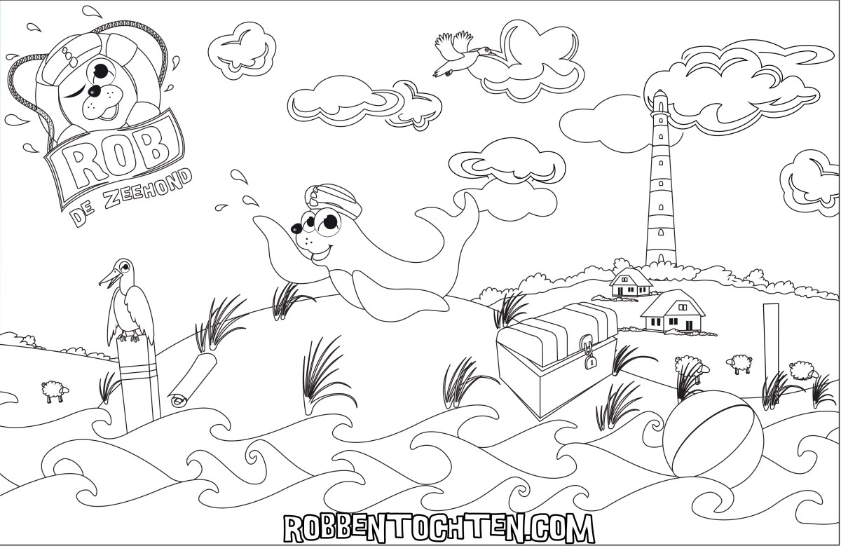 Cartoon seal with captain hat swims near lighthouse, treasure chest, pelican, clouds, and waves.
