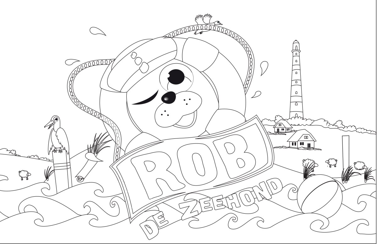 Cartoon seal winks, wearing hat, holding 'ROB DE ZEEHOND' sign, lighthouse and village in background.